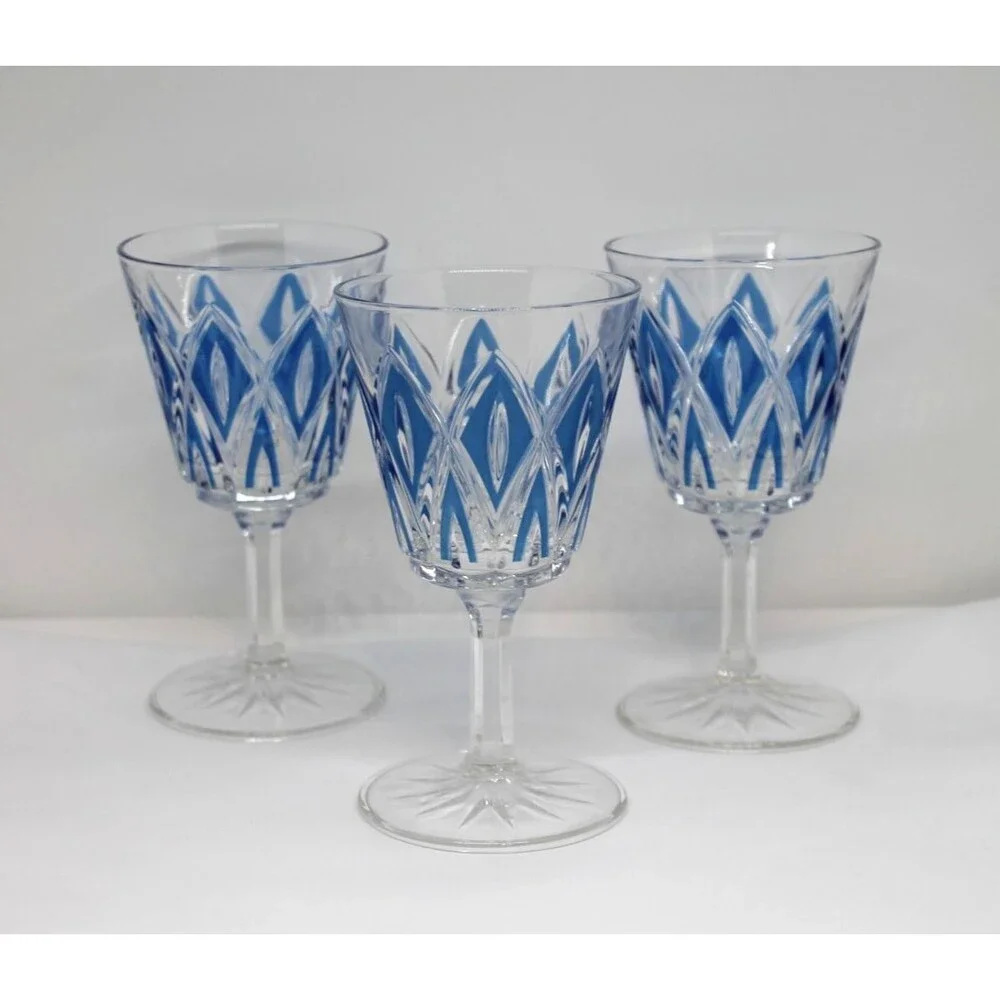 50’s MCM French Diamond Cut Crystal Wine Glasses by VMC Reims S/3 Blue